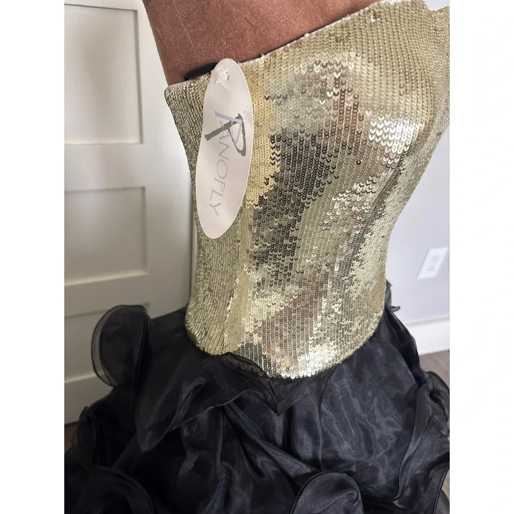 Vintage y2k PANOPLY Gold Sequin Strapless Black Ruffle High Low Gown Size 6 NWT - Picture 4 of 12